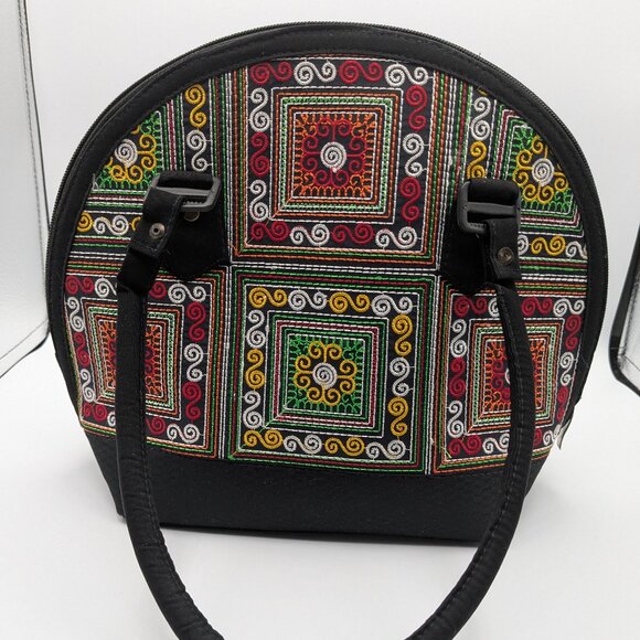 Embroidered Bohemian Handbag Black with Green Red Gold, Zipper, Double Handles - Picture 1 of 9